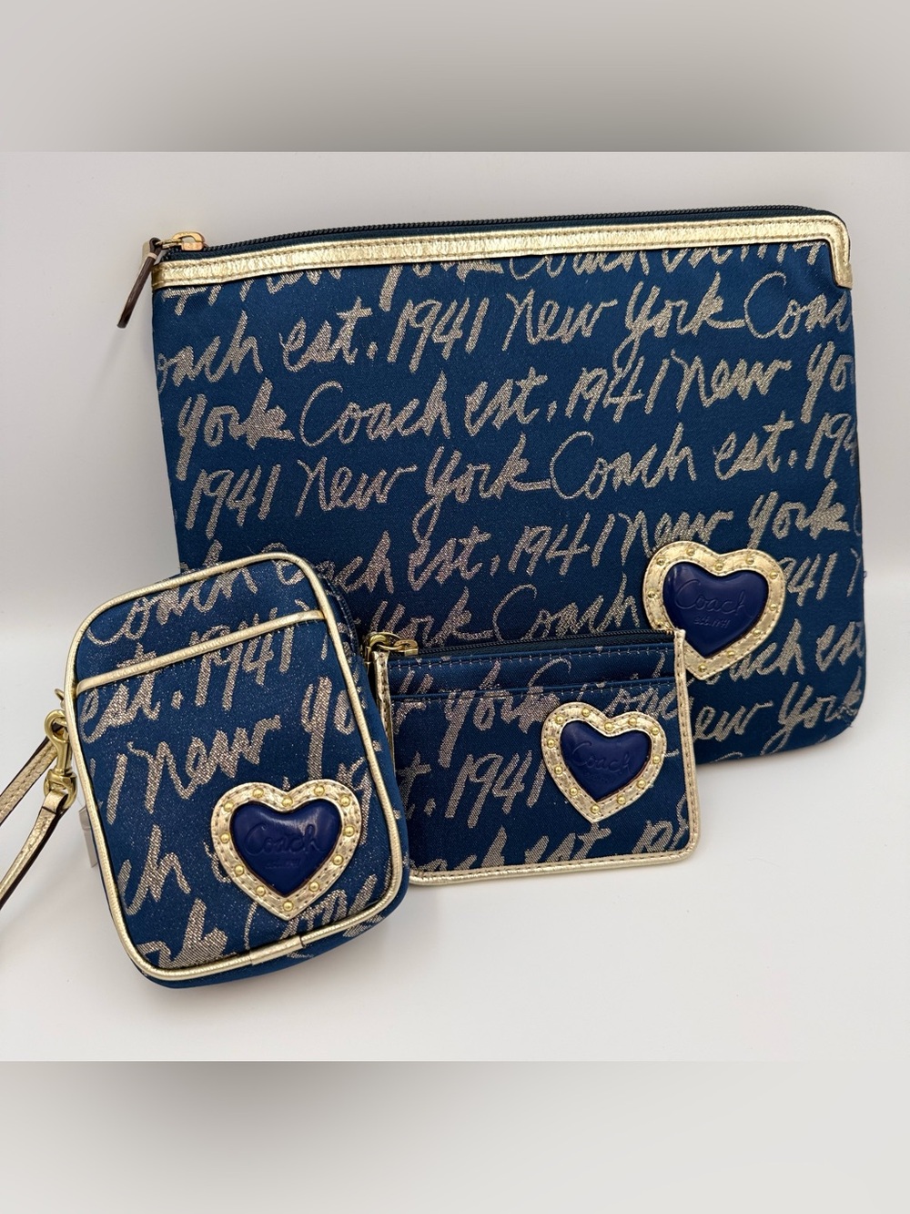 Coach Poppy Script Lurex Navy Gold Tablet Sleeve Camera Bag Card Wristlet NWT